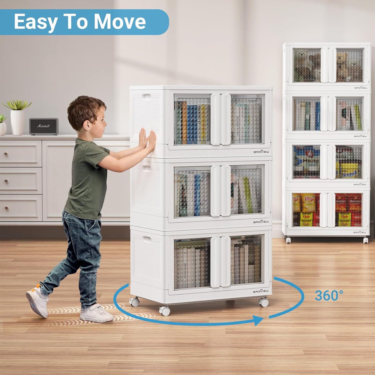 BROVIEW 300 Qt Stackable Storage Bins with Lids & Doors, 3 Pack Plastic Closet Organizer and Storages Drawers with Wheels, Large Collapsible Storage Boxes, Cabinet for Home, Office, V10, White