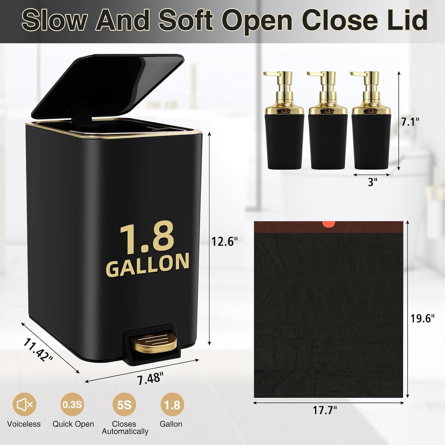 Small Bathroom Trash Can with Lid Soft Close, 1.8 Gallon Stainless Steel Garbage Can with Removable Inner Bucket,3PCS Soap Dispenser,75Count Trash Bag, Slim Step Pedal Trash Bins