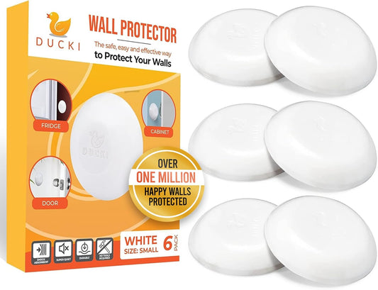 Ducki Door Stop Wall Protector | Self Adhesive Door Knob Wall Protectors from Door Knobs | Rubber Door Stoppers for Wall Damage & Noise | Durable, Shock Absorbent & Discreet | 6 Pack White Door Stops