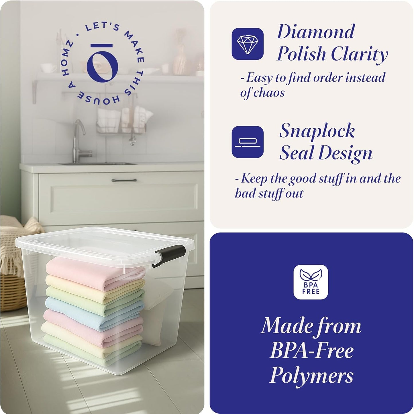 HOMZ 2-Pack Latching Lid, Large Clear Plastic Storage Bins w/Lids, 112 Quart, Gray Latch - Stackable Container Boxes for Home, Bathroom, and Office Organization