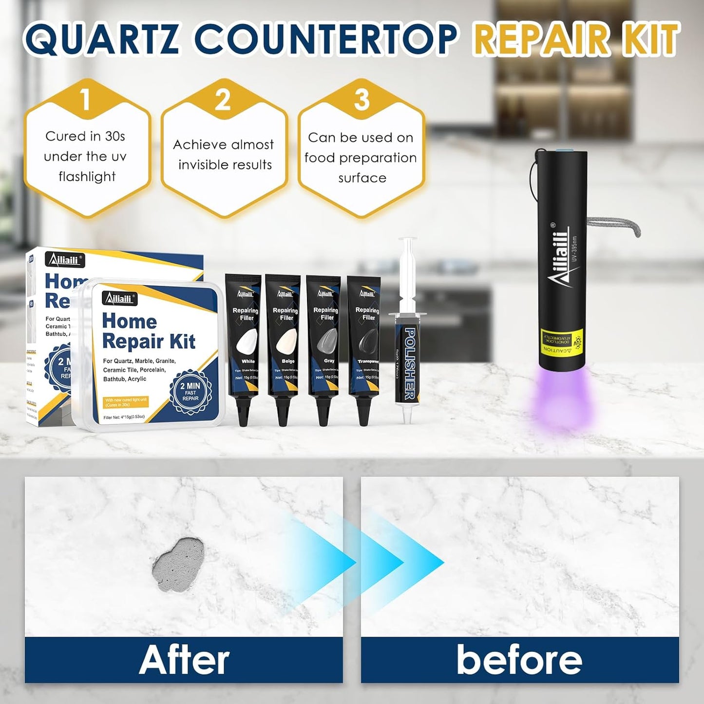 Quartz Countertop Repair Kit, Granite & Marble Repair Kit with 4*15g Filler(White,Beige, Gray,Clear), 30s Fast Repair Chip, Hole, Scratch, Crack on Fiberglass, Porcelain, Ceramic Tile, Bath Tub, Sink