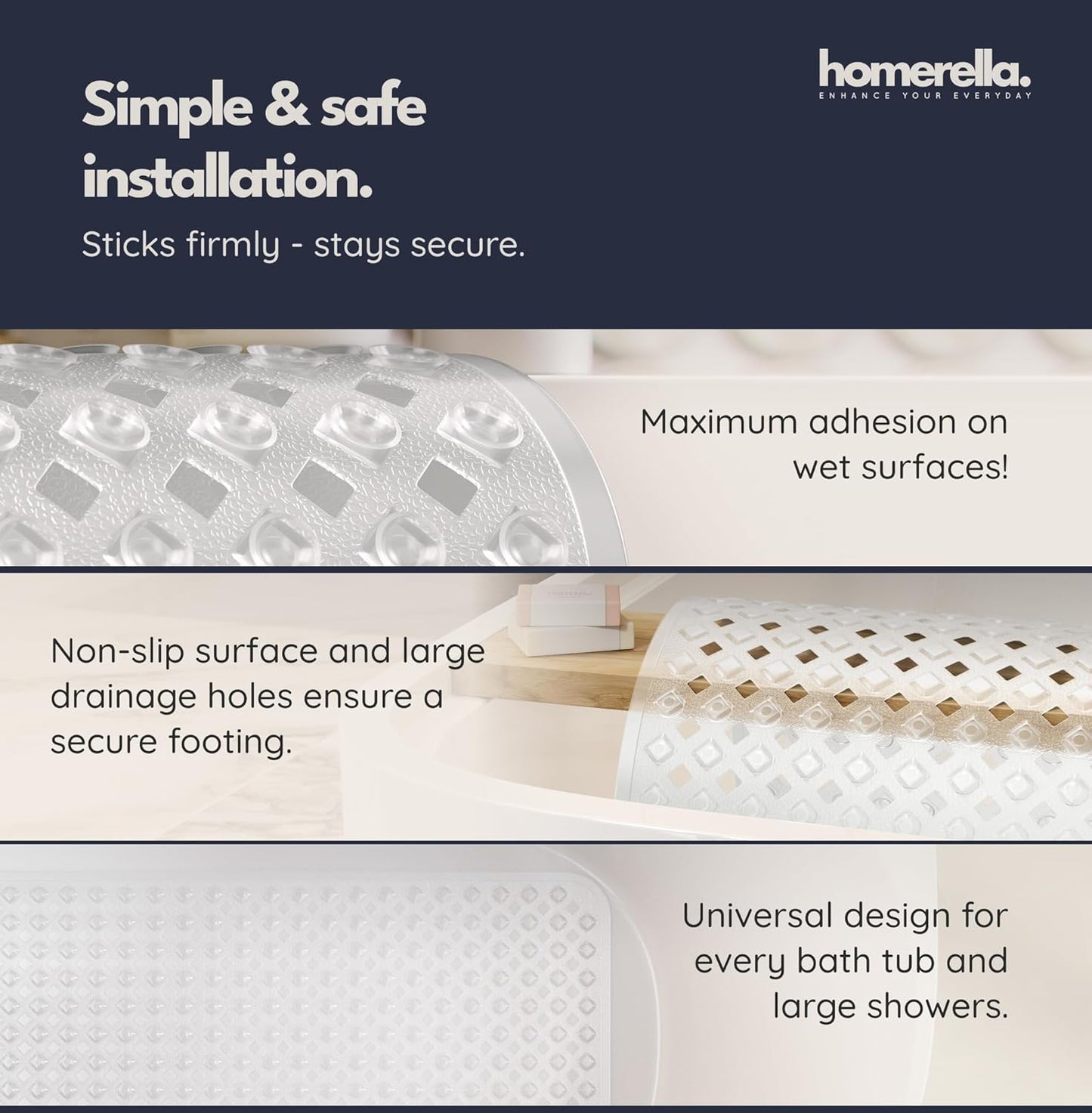 homerella® Bathtub Mat Non Slip 35x16, Incl. Hooks for Drying, Extra Long, 100% BPA Free, Shower Mat Non Slip Anti Mold, Machine Washable, Shower Mats for Inside Shower Mildew Resistant