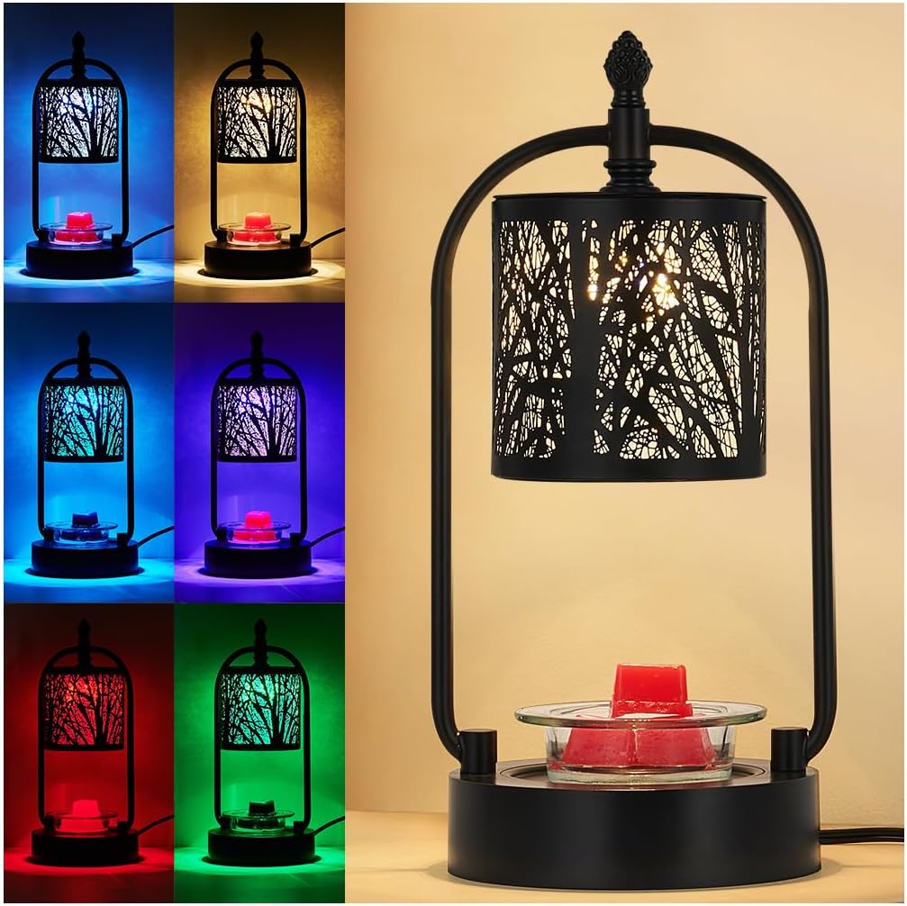Tree Candle Warmer Lamp, LED Colors Changing Candle Warmer with ATimer, Bedroom Living Room Home Decor Wax Melting Warmer for Jar Candles (Double Pole -Black)