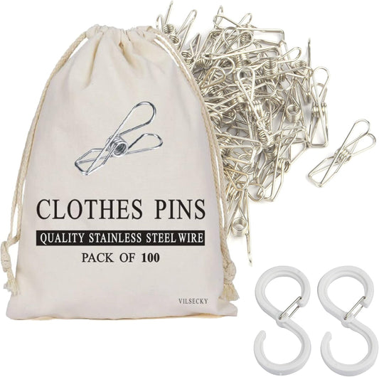 100 Pcs Clothespins Laundry Chip Clips - Durable Stainless Steel Clothes Pins,Heavy Duty Clamp Metal Wire Clothes Pegs with One Storage Bag & 2 Hooks,for Outdoor Clothesline Home Kitchen Office