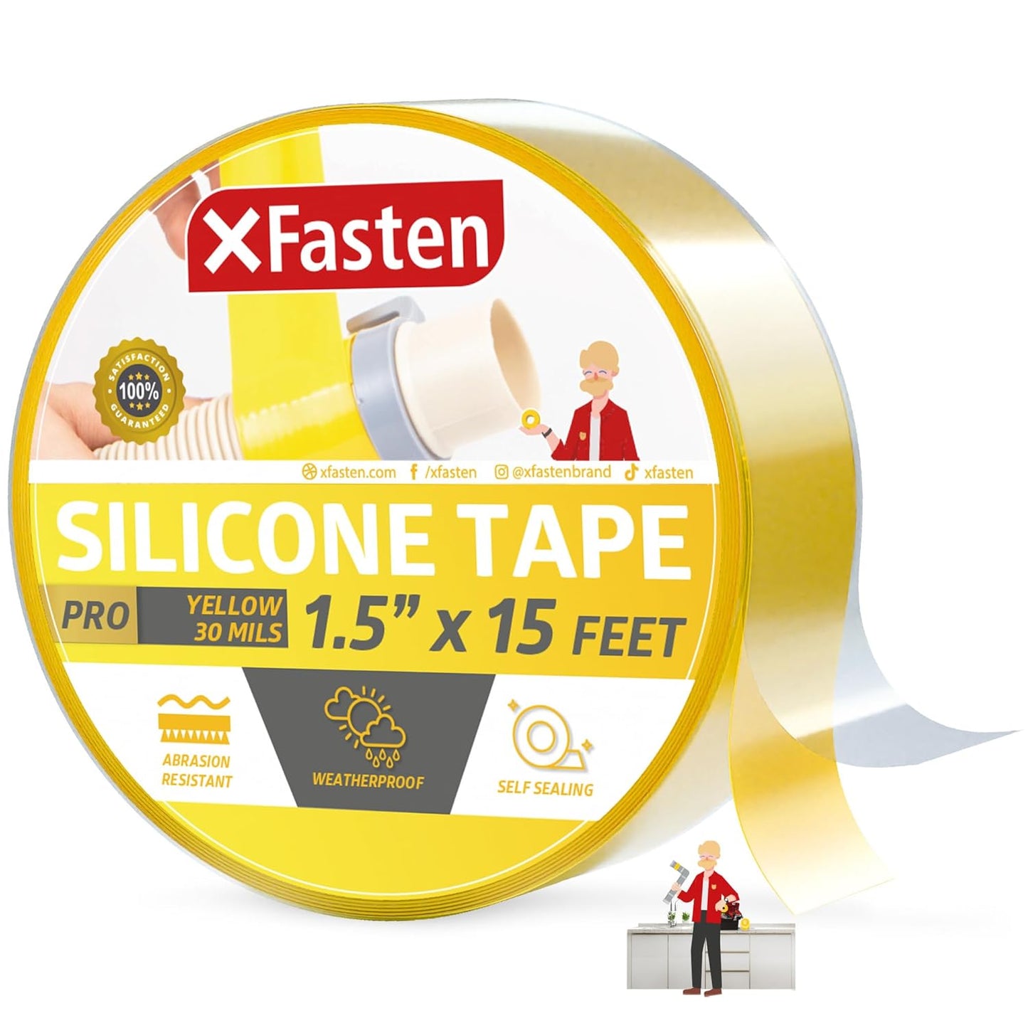 XFasten Self-fusing Silicone Tape Pro, Yellow, 1.5-Inch x 15-Feet, 30mils Non-Adhesive Thick Silicone Repair Tape for Leaky Pipe Drain, Tool Grip, Electrical Wires, PVC Pipe Leak, and Water Sealing