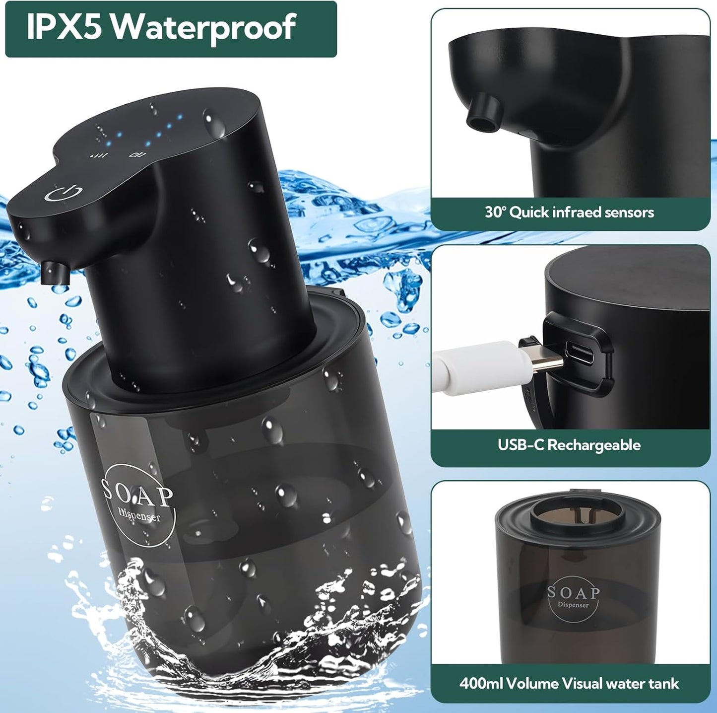 2 Pack Automatic Soap Dispenser, Touchless Automatic Liquid Soap Dispenser, Electric Wall Mounted Dispenser, 13.5oz/380ML USB Rechargeable with 4-Level Adjustment for Bathroom, Kitchen & Office