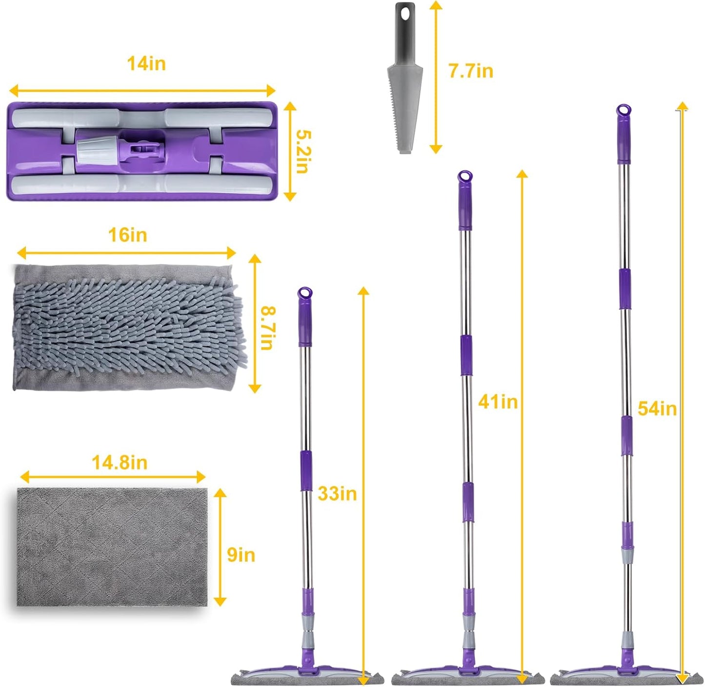 ITTAHO Microfiber Flat Mop Floor Cleaning System,Wet & Dry Dust Mopping with Stainless Steel Telescopic Handle,4 Reusable Mop Pads , Mops for Home,Laminate,Tile,Hardwoods Cleaning (Purple)