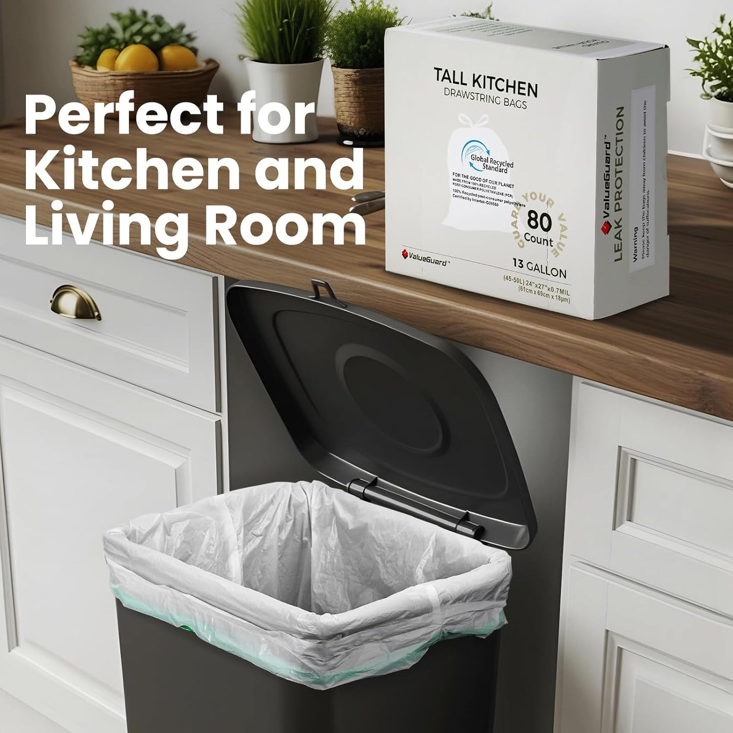 Large Trash Bag 13 Gallon Tall Drawstring 100% Post-Consumer Recycled Garbage Bag Waste Bag for Kitchen Office (120 Count, 0.6 Mil)