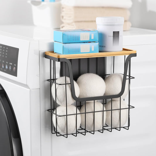 Magnetic Dryer Ball Holder - Black Basket for Laundry Room Organization and Storage with Bamboo Top - Magnetic Lint Bin Suitable for Washer and Dryer / Fridge / Whiteboard (No Balls)