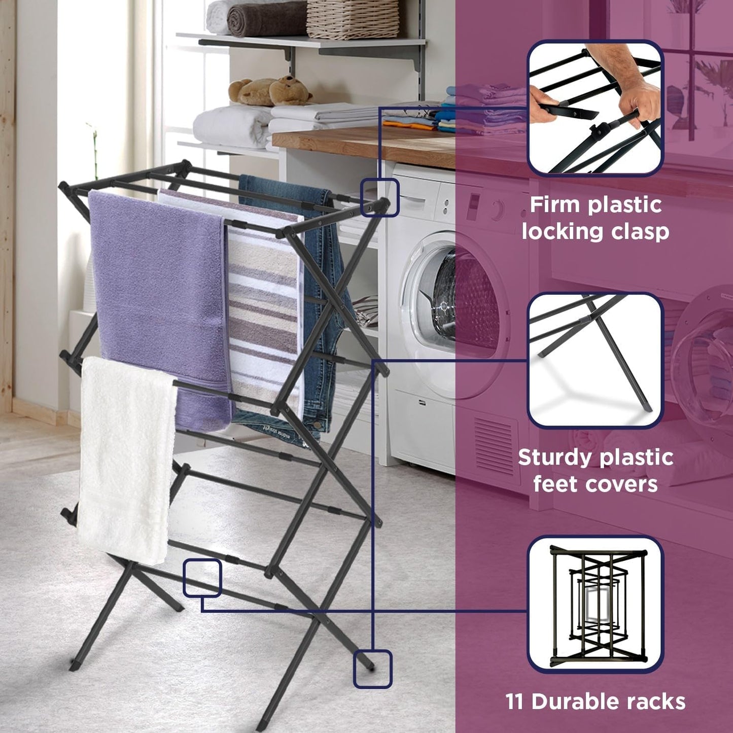 BLACK+DECKER Laundry Organization Expandable/Collapsible Clothes Drying Rack. Essential for Camping/Trailers or Anywhere You Air Dry Laundry. Oversized for Multiple Garments, (Black)