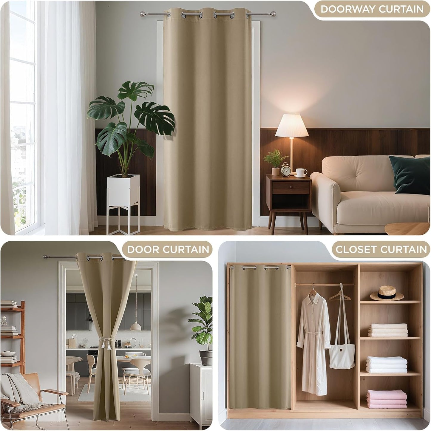 Joydeco Blackout Door Curtain for Doorway Privacy 96 Inches Long, Grommet Closet Curtain for Open Closet, Room Divider for Bedroom Living Room (Light Beige, 52Wx96L, 1 Panel)