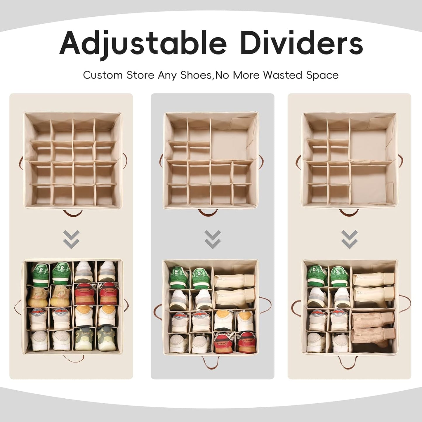 Shoe Organizer Box 2 Pack, Shoe Storage Organizer with Clear Cover, Adjustable Dividers Fits 16-32 Pairs, Fabric Shoe Organizer for Closet, Beige