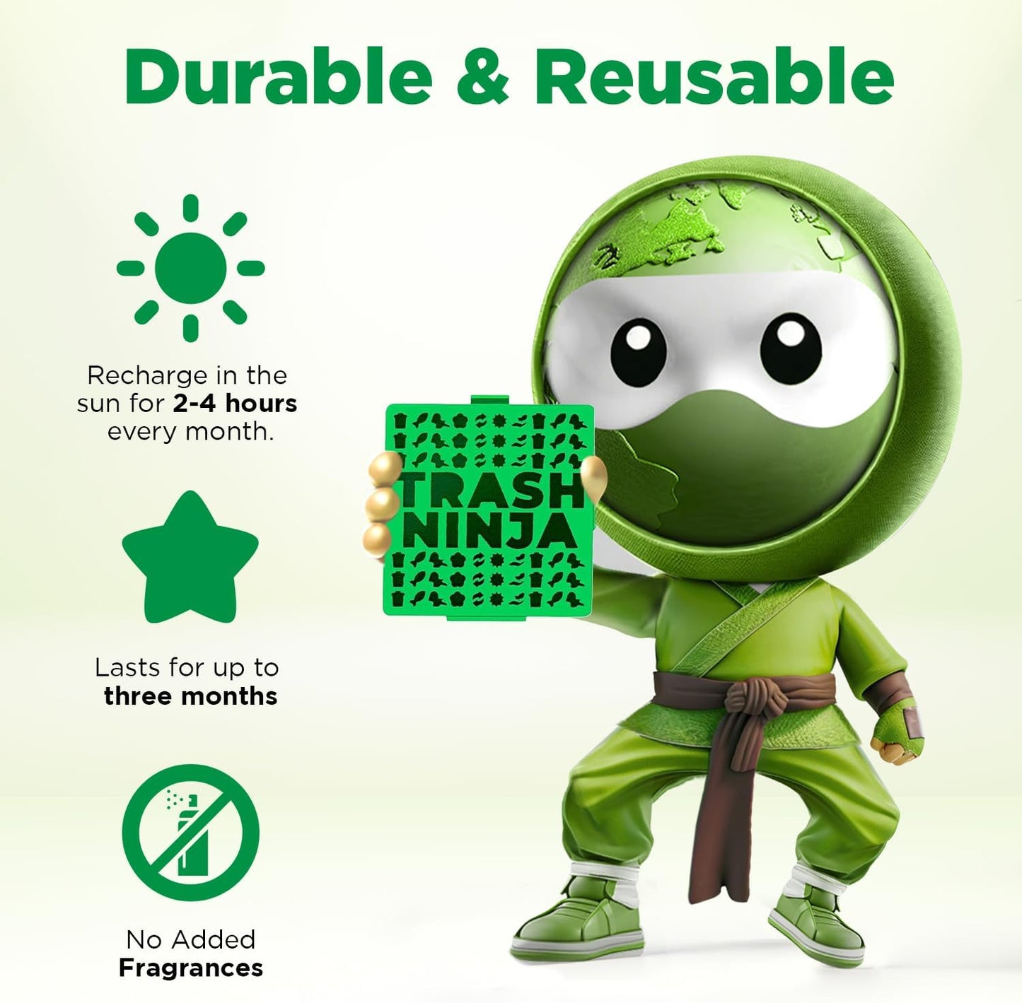 Trash Ninja Trash Can Deodorizer and Odor Eliminator (2 Pack) for Indoor Trash Cans Up to 10 Gallons, Made with Natural Activated Carbon - Lasts Up to 3 Months - Garbage Can Deodorizer to Control Odor