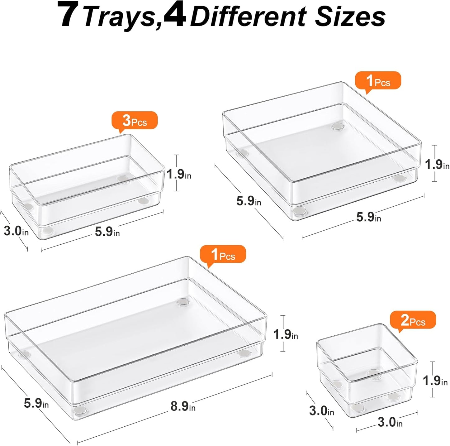 SMARTAKE 7-Piece Drawer Organizer with Non-Slip Silicone Pads, 4-Size Desk Drawer Organizer Trays Storage Tray for Makeup, Jewelries, Utensils in Bedroom Dresser, Office and Kitchen (Clear)