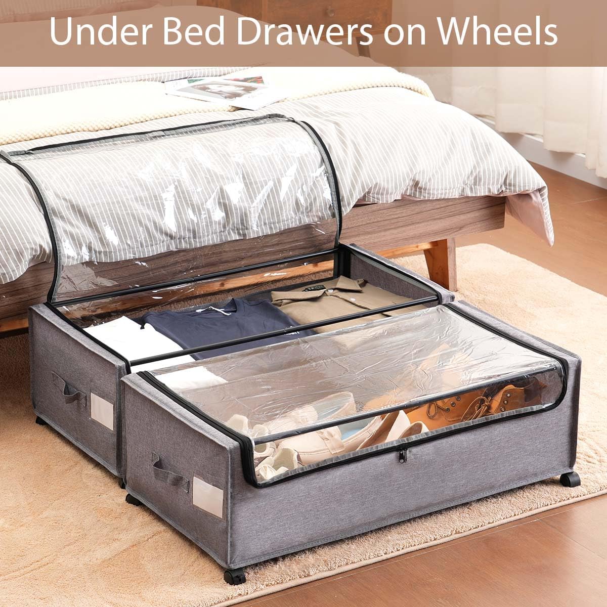 Under Bed Storage with Wheels, Under The Bed Storage Drawers On Wheels, Rolling Underbed Drawers, Lockable, Heavy Duty, XXXXL Size 90L