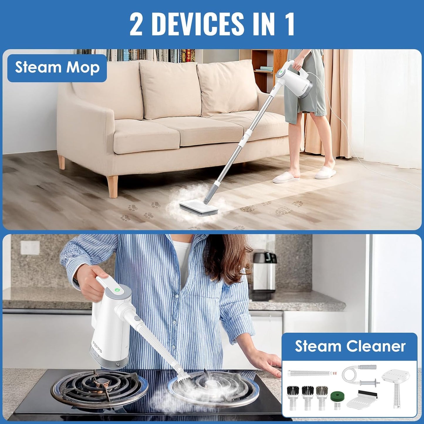 FEPPO Steam Mop with Detachable Handheld Steam Cleaner for Home and Floor Cleaning, 10-in-1 Multi-purpose Attachments & 2 Pads, Powerful Steamer for Floors, Hardwood, Tiles,Grout,Windows,Kitchen,Bath