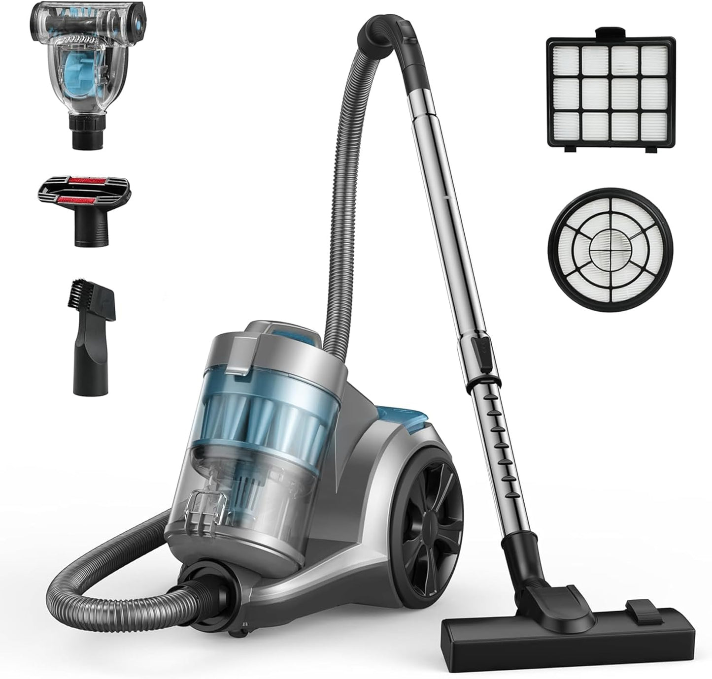 Aspiron 1700W Canister Vacuum Cleaner, 32Kpa Bagless Vacuum Cleaner, Multi-Cyclonic Filtration, 2 Anti-Allergen HEPA Filters, 3.5QT Dust Cup, 4 Tools, Corded Vacuum for Hard Floor, Pet Hair, Teal