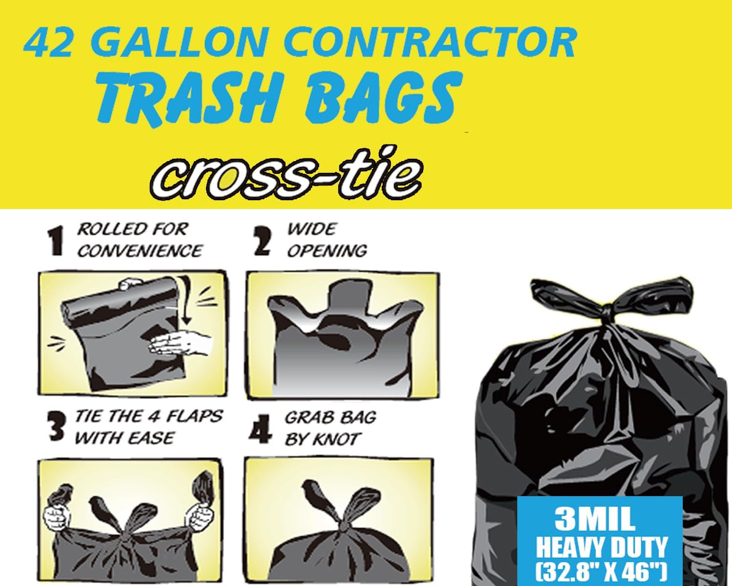 Contractor Heavy Duty Trash Bags 42 Gallon | 10 Count | 3 MIL | 32.8" X 46" | Large Black Flap Tie Construction Garbage Bags for Business Home Commercial, Industrial, Storage, Outdoor
