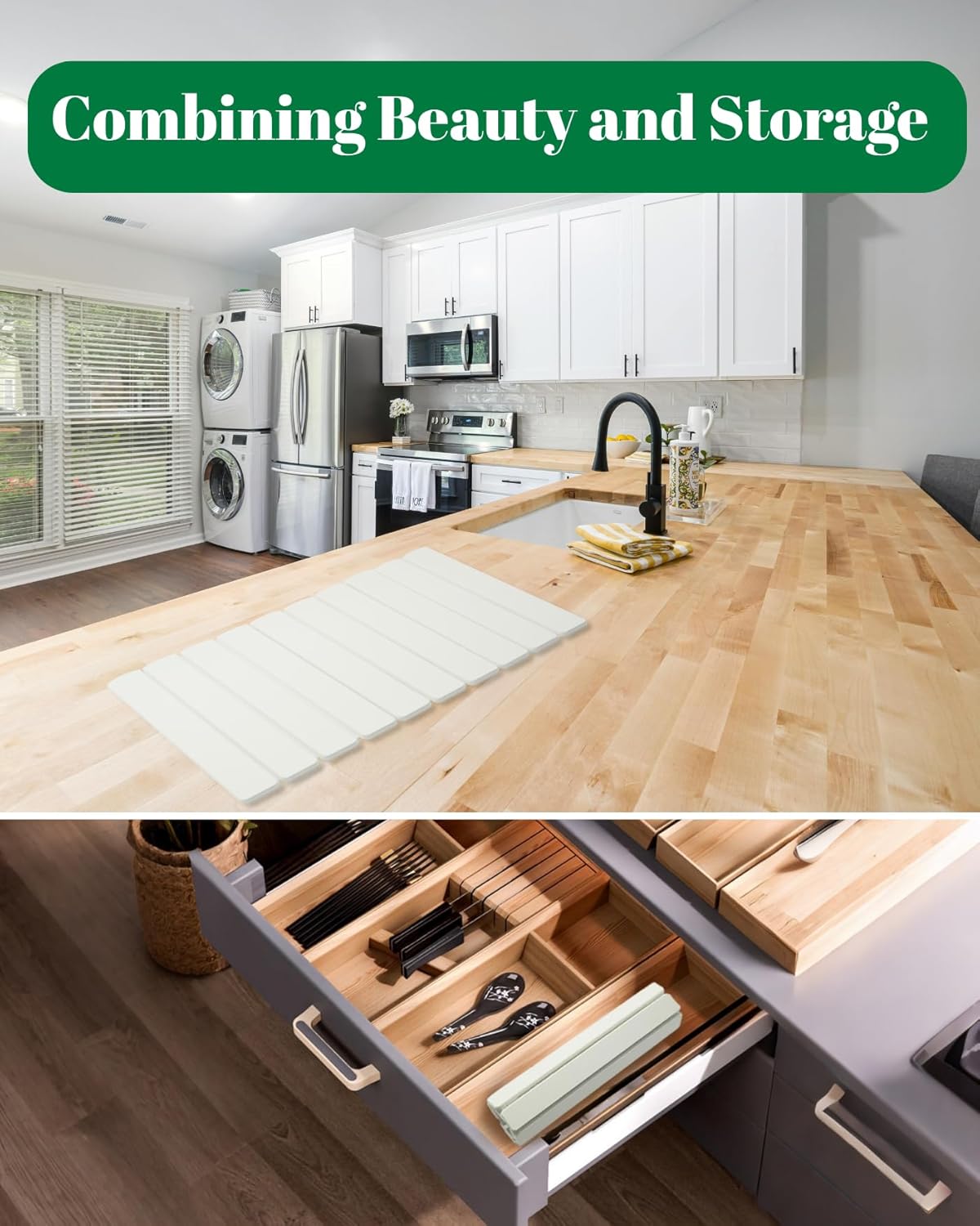 Dish Drying Mat, Diatomaceous Earth Absorbent Quick-Dry, Collapsible Stone Drying Mat for Kitchen Counter, Bath, Countertop, Dishes, Bottles, Cups, with Sandpaper & Non-slip Pad, 23"(L)x15.3"(W)