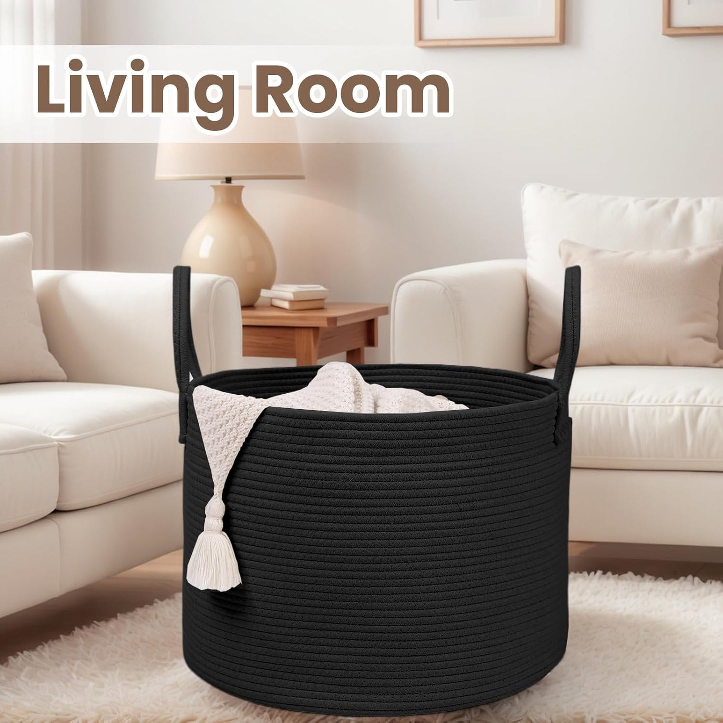 Woven Blanket Basket,65L Large Rope Storage Bin with Handles, Organizer for Blankets Toys Book and Clothes, Laundry Basket for Living Room Bedroom Nursery,Black