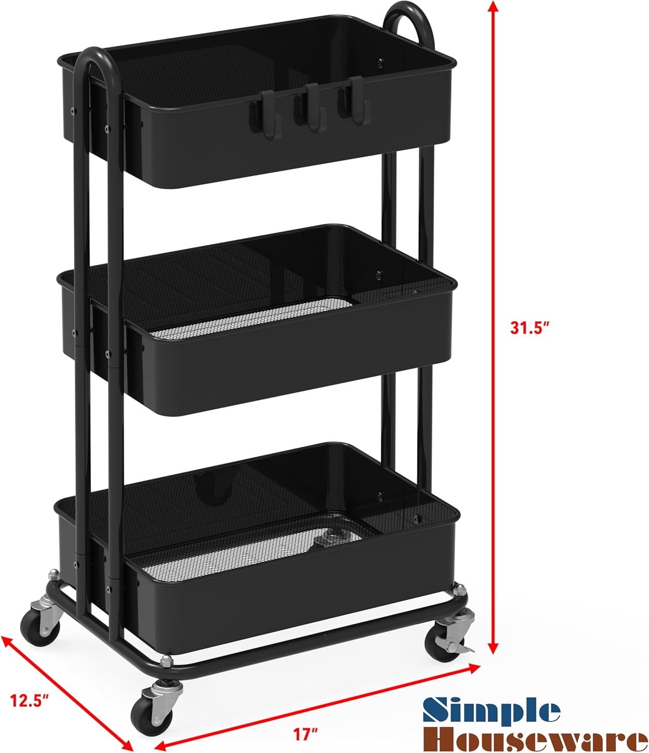 Simple Houseware 3-Tier Heavy Duty Metal Utility Rolling Cart, Black