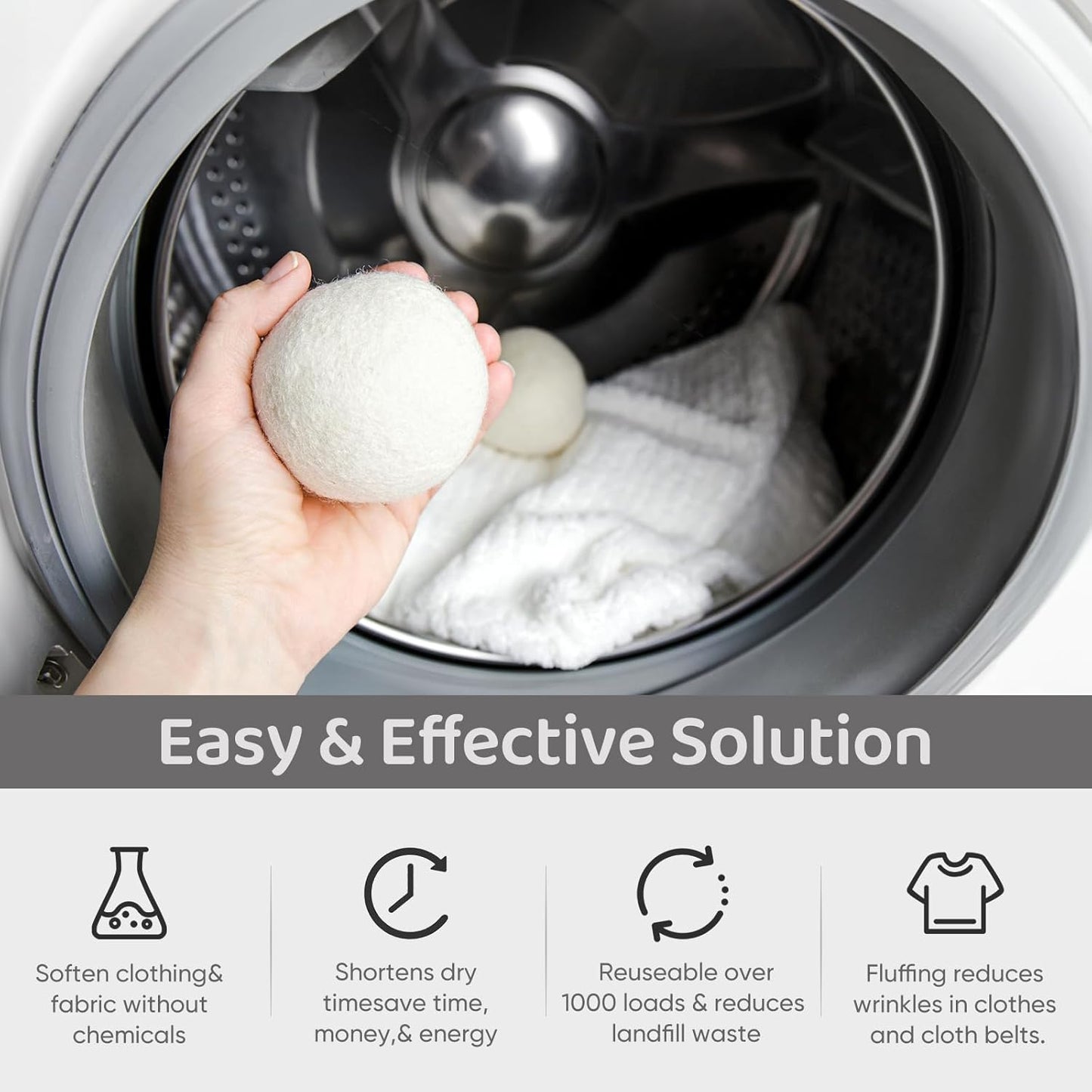 Wool Dryer Balls 6 Pack, Natural Fabric Softener, Dryer Balls Laundry Reusable, Reduces Clothing Wrinkles and Saves Drying Time (White)