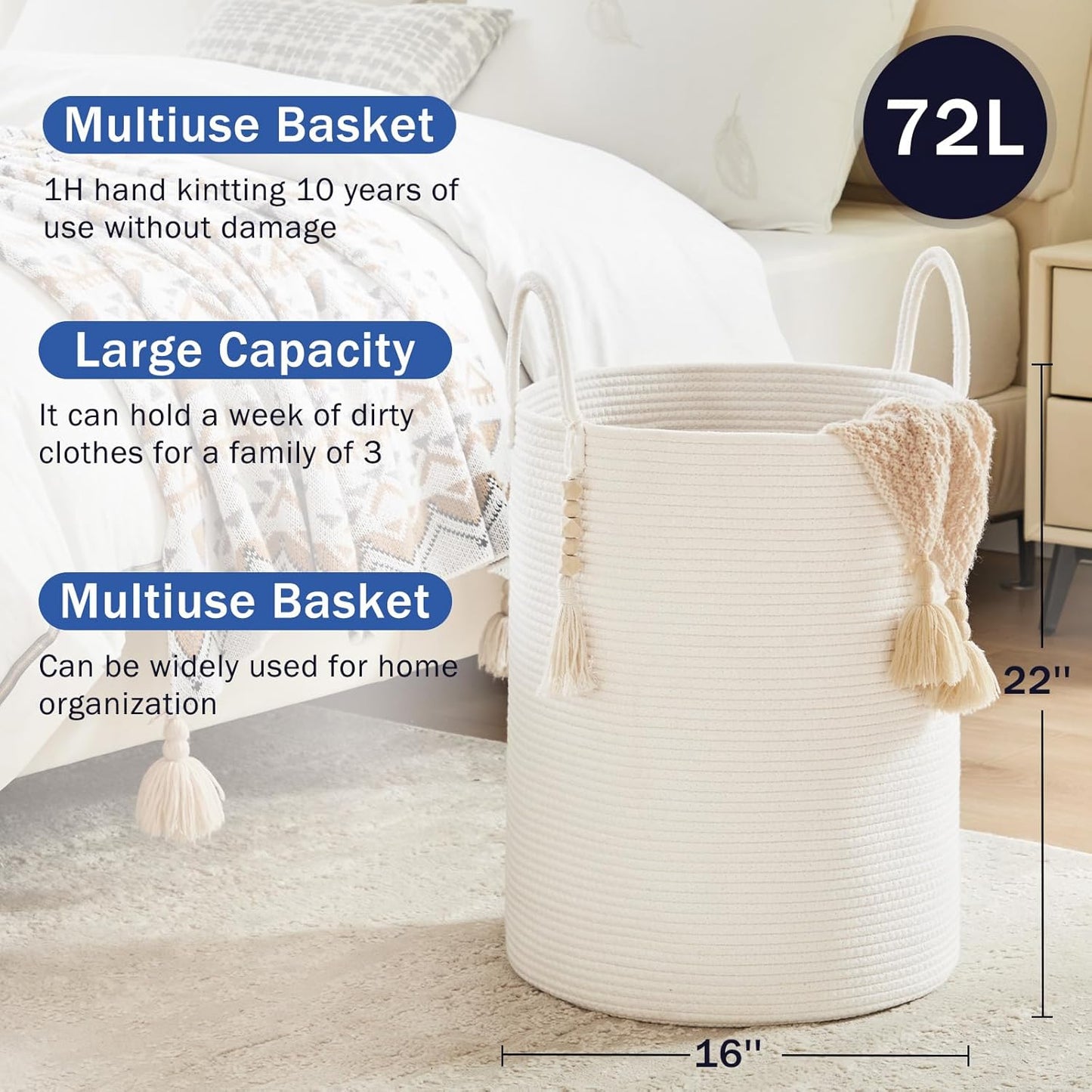 Fiona's magic Woven Rope Laundry Hamper, Tall Laundry Basket for Blanket Storage, Large Dirty Clothes Hamper for Toys, Decorative Baby Nursery Hamper for Bedroom, Living Room - White, 72L
