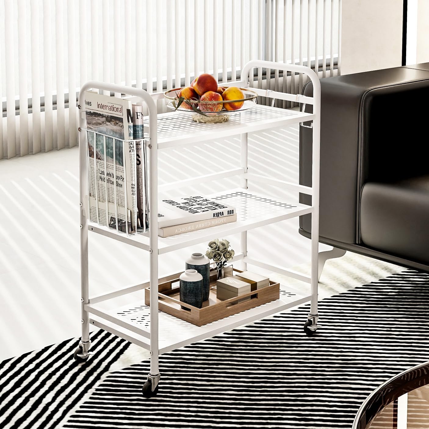 HDANI 3 Tier Metal Mesh Utility Cart,Large Capacity Multipurpose Heavy Vehicle,Rolling Trolley with to Hooks and One Basket(White)