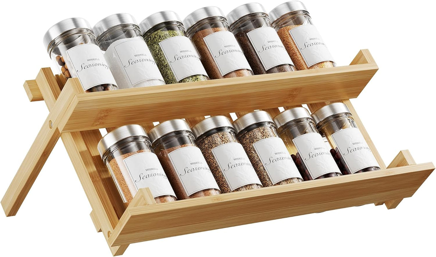MUDEELA Bamboo Spice Rack Organizer for Cabinet, X-Shaped Foldable Spice Organization, 2 Tier Seasoning Organizer for Kitchen Counter