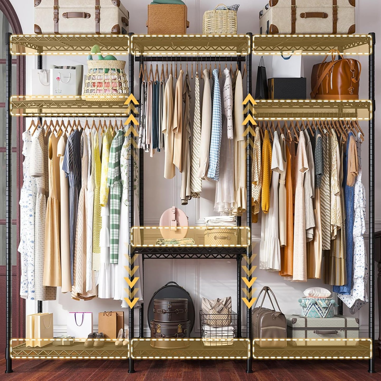 Raybee Clothes Rack Heavy Duty Load 795LBS Portable Clothing Racks for Hanging Clothes Adjustable Garment Rack, 56" W X16 D X 75.5" H Black