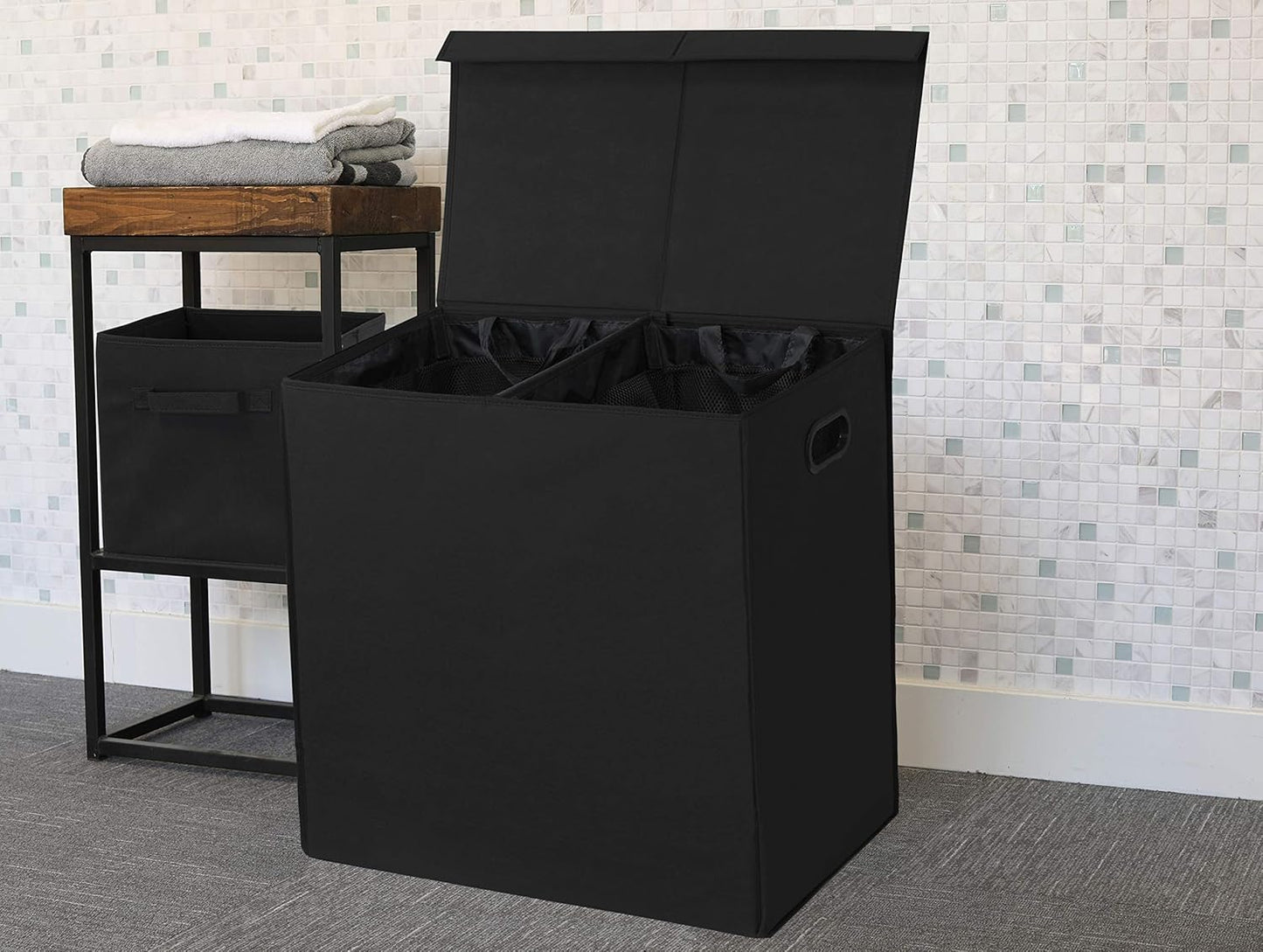 Simple Houseware Double Laundry Hamper with Lid and Removable Bags, Black