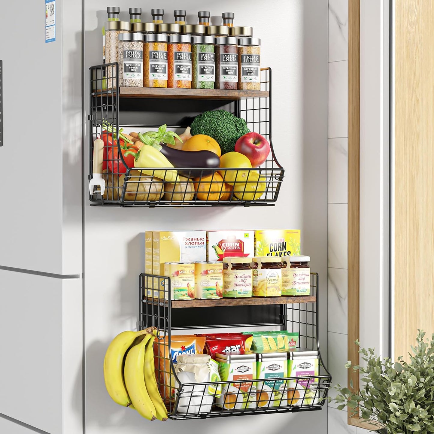 2 Pack Magnetic Shelf for Fridge with Wood Lid, Fruit Potato and Onion Storage Bins, Pantry Organizers and Storage, Strong Magnetic Spice Rack for Refrigerator, Kitchen Counter and Laundry Room