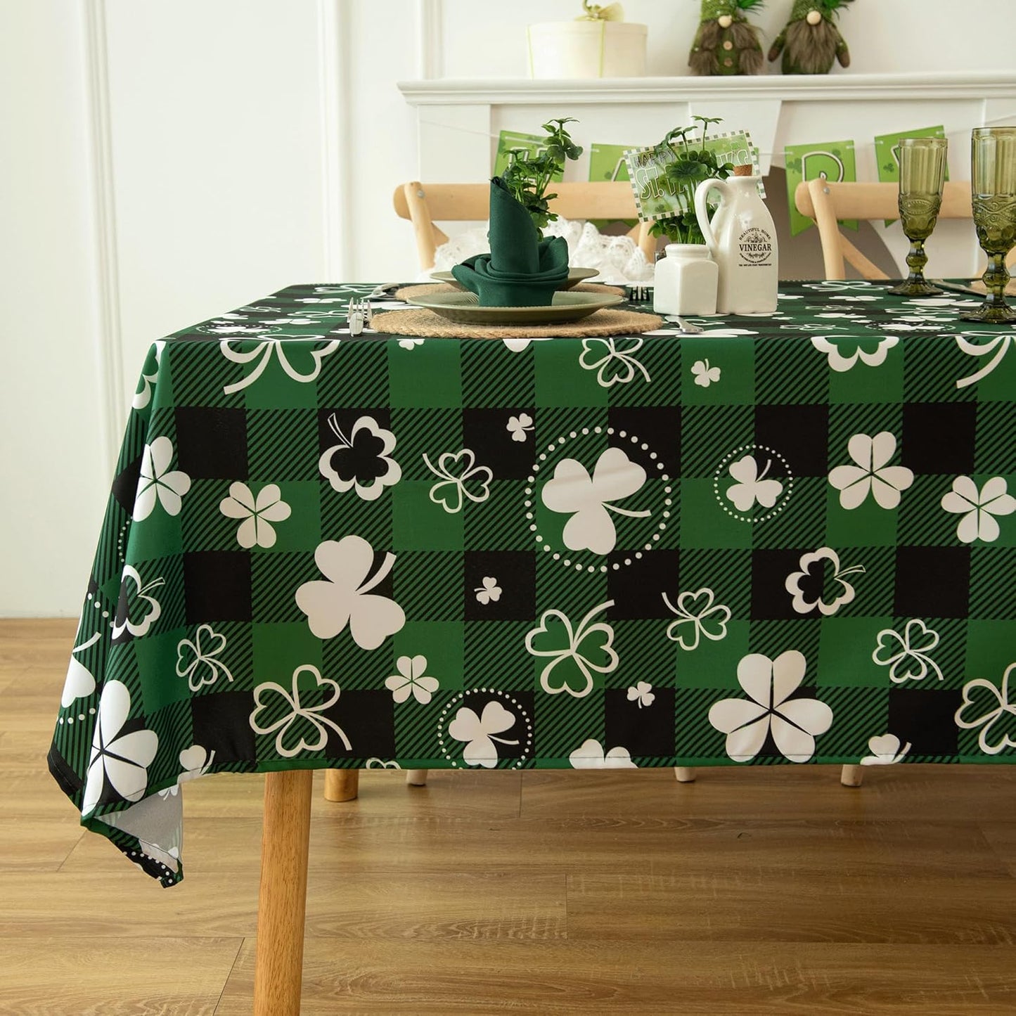 Gingham St Patricks Day Tablecloth Fabric - Oblong 58x120 Water Resistant Irish Plaid Table Cloth for Indoor/Outdoor Use - Lucky Clover Decorations Perfect for Birthday, Picnics, Gardens
