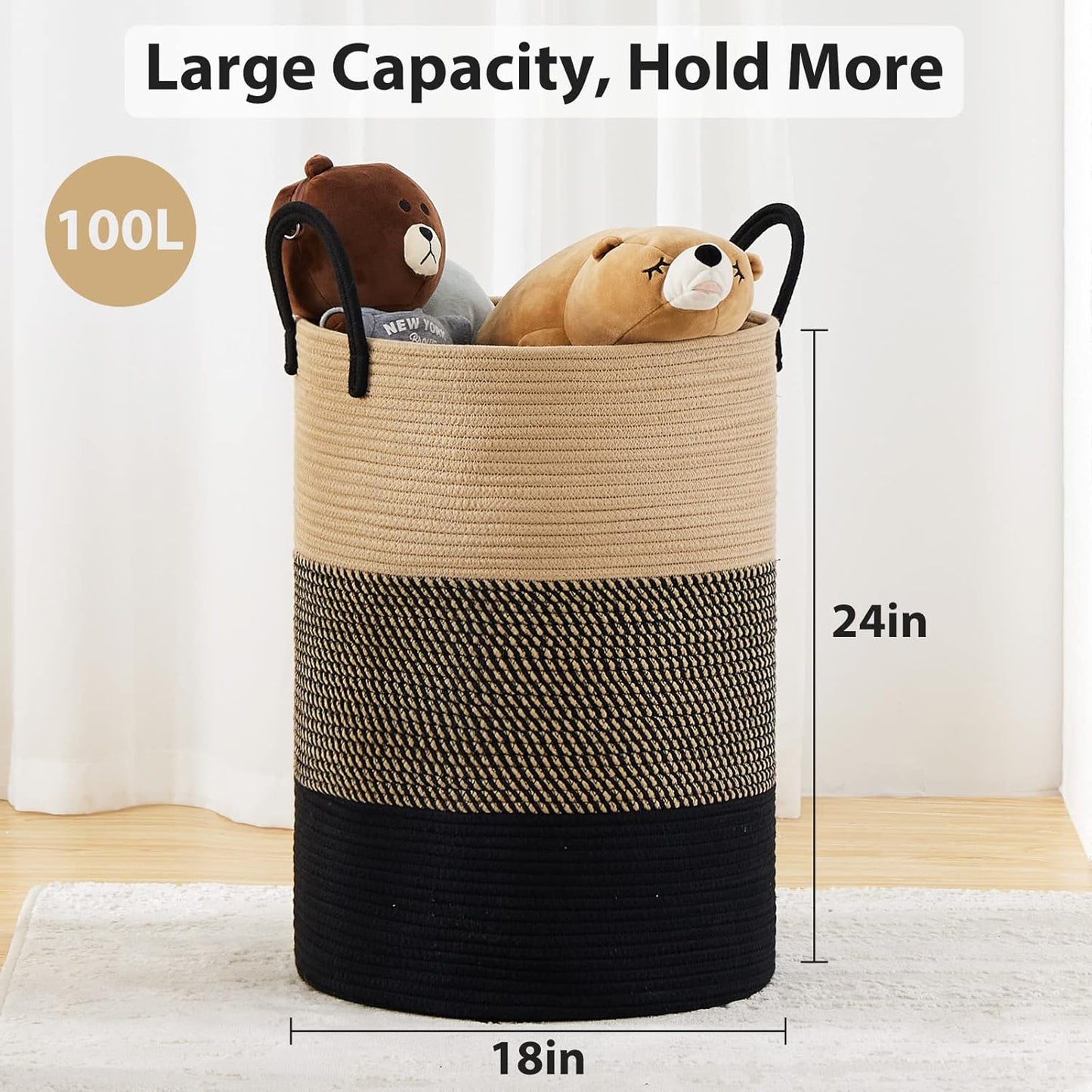 Fiona's magic 100L Extra Large Laundry Hamper Basket, 26.4Gal Tall Woven Laundry Basket Storage, Baby Nursery Hamper for Blankets, Clothes Hamper for Bedroom and Living Room Organizing, Brown & Black