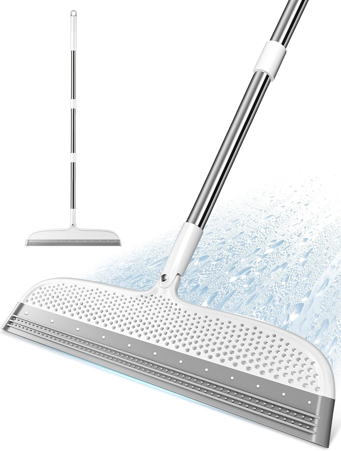 Silicone Floor Squeegee & Broom – Long Handle Hair Remover for Water, Pet Hair – for Bathroom, Tile, Concrete, Garage, Deck, Glass – Indoor Outdoor Cleaning Tool – White (15.7 inch)