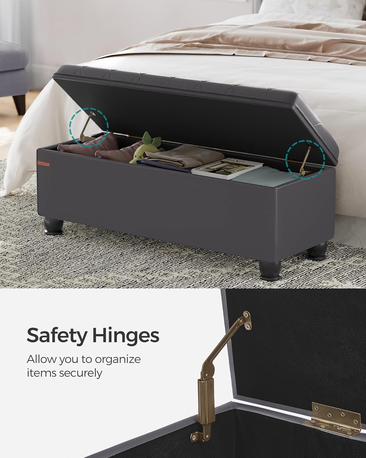 SONGMICS Storage Ottoman, Storage Bench, Tufted Entryway Bedroom Bench, 17.7 x 46.5 x 17.7 Inches, Hinges Easy Lid Operation, Wooden Legs, Synthetic Leather, Loads 330 lb, Dark Gray ULOM071G01