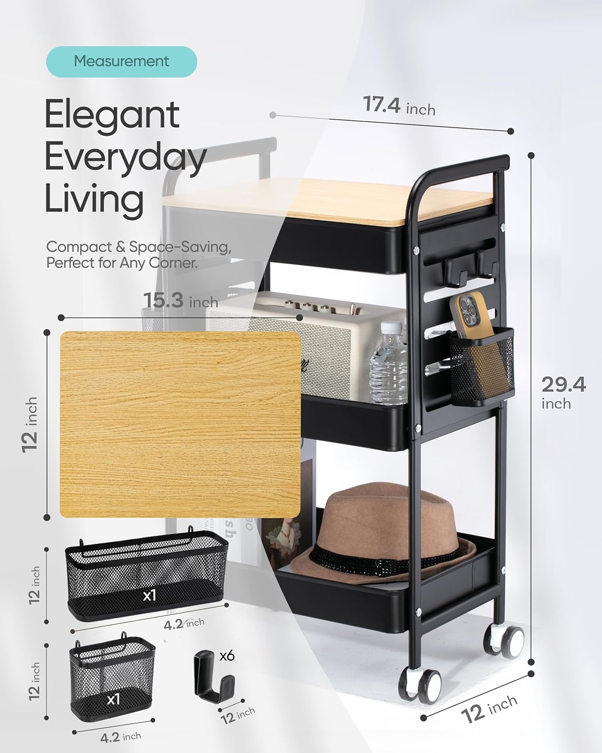 Art Cart with Tabletop & Pegboard - 3-Tier Rolling Utility Cart with Wheels, 2 Baskets & 6 Hooks - Metal Storage Organizer for Home, Office, Crafting & Kids’ Art Supplies (Black)