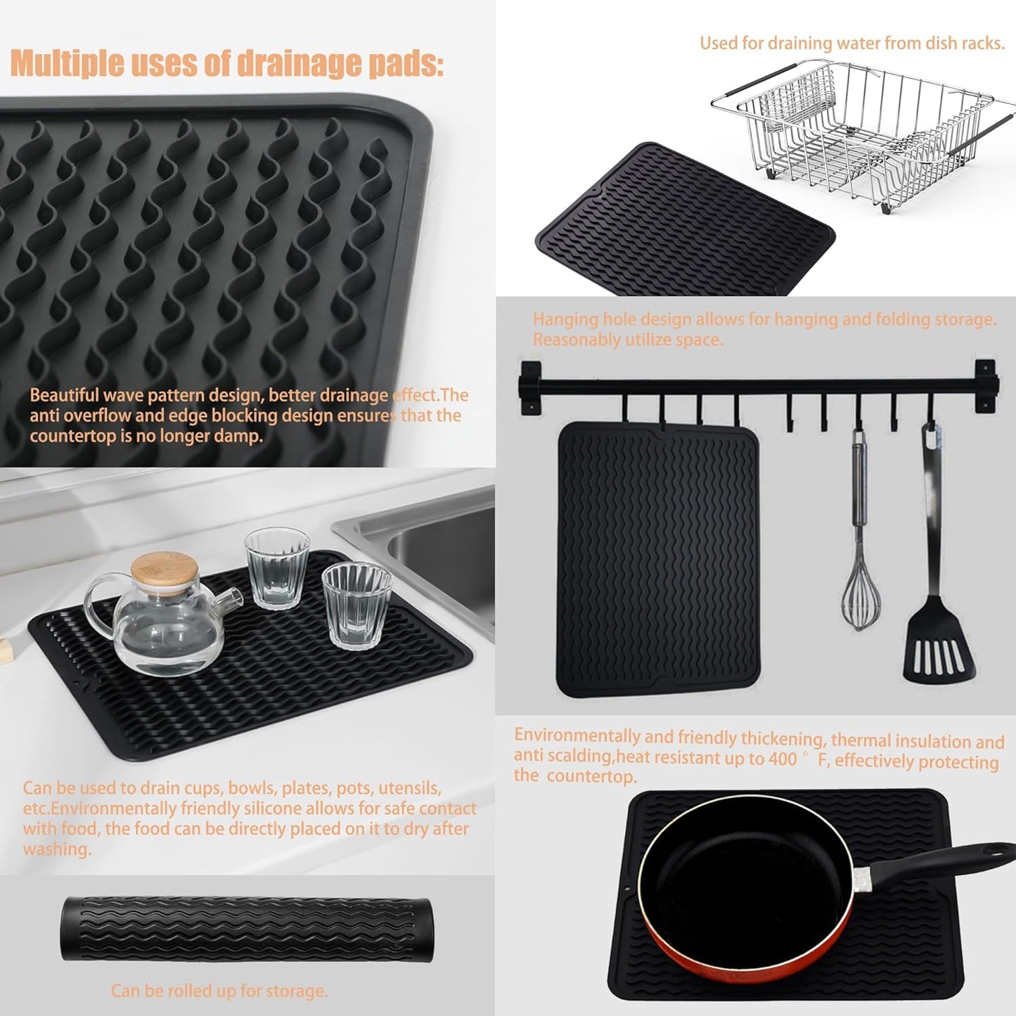 Stainless Steel Dish Drying Rack(15.2"L X 11"W X 5.3"H), Expandable Fruit & Vegetable Drain Rack over Sink, Dish Drainer Rack in Sink, with Stainless Steel Utensil Holder & Silicone Mat(16")