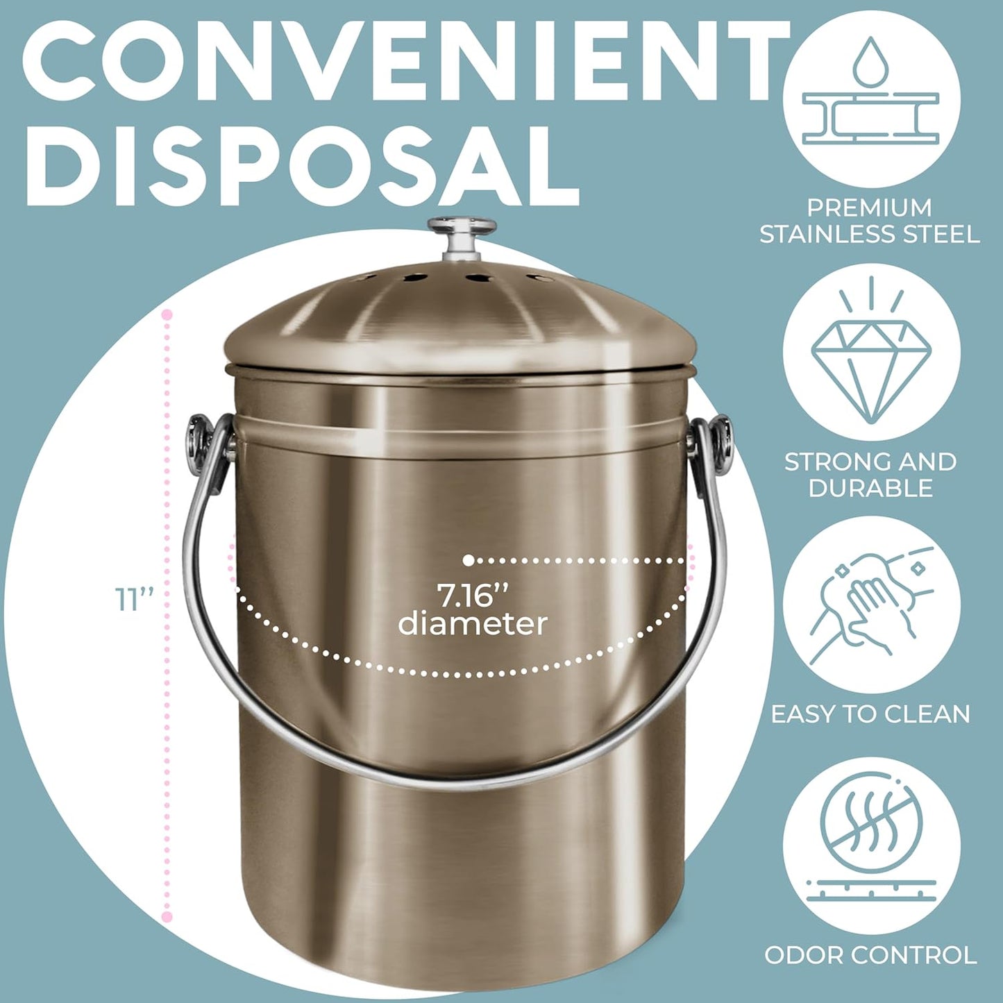 EPICA Countertop Compost Bin Kitchen | 1.3 Gallon | Odorless Composting Bin with Carbon Filters | Indoor Compost Bin with Lid | Stainless Steel Kitchen Composter for Food Scraps & Waste Recycling