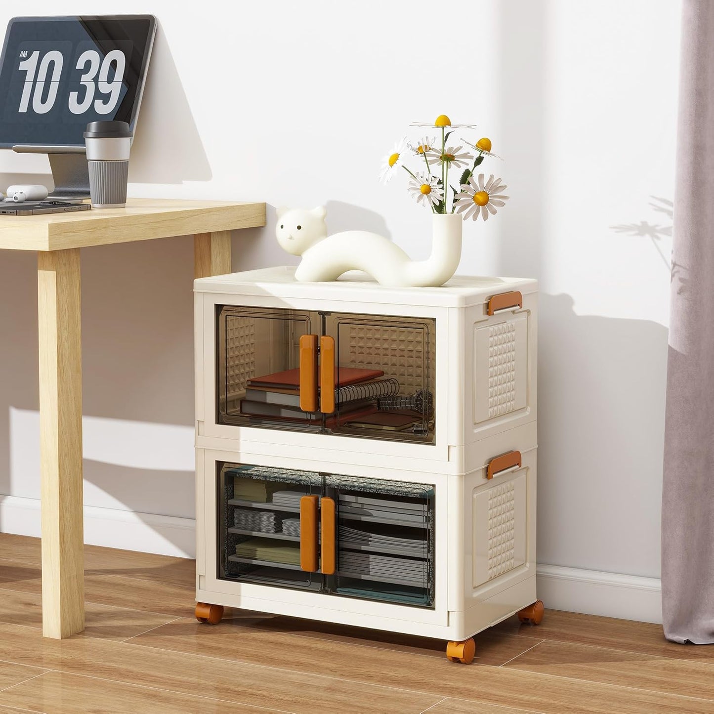 2 Tier Stackable Plastic Storage Bins with 1 Lid 45 QT/Tier, Collapsible Plastic Box Storage Bin with Wheels, Home Containers Boxes Closet Organizers for Living Room, Office, Dorm