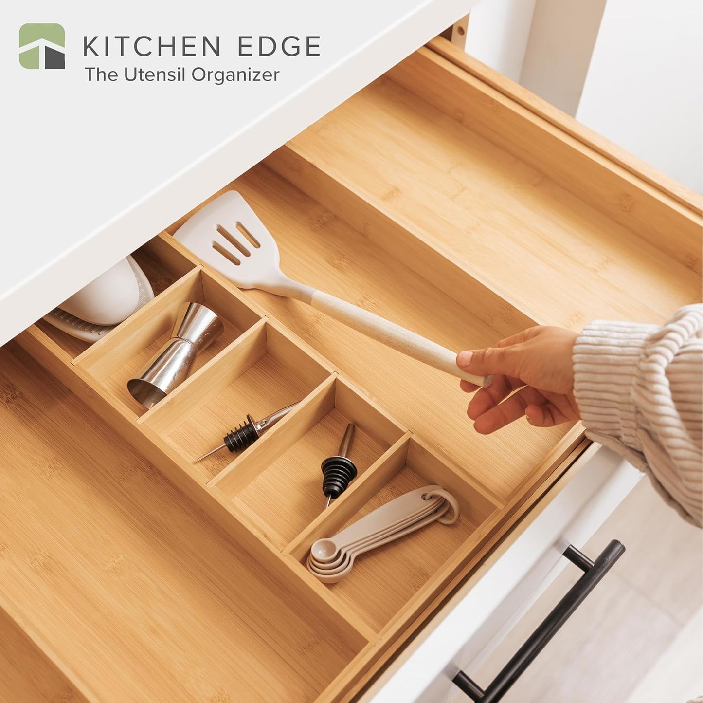KitchenEdge Adjustable Kitchen Drawer Organizer for Utensils and Junk, Food-Safe Contract Grade with 100% Sustainable Wood, Expandable from 19 to 33 Inches Wide - Natural Bamboo