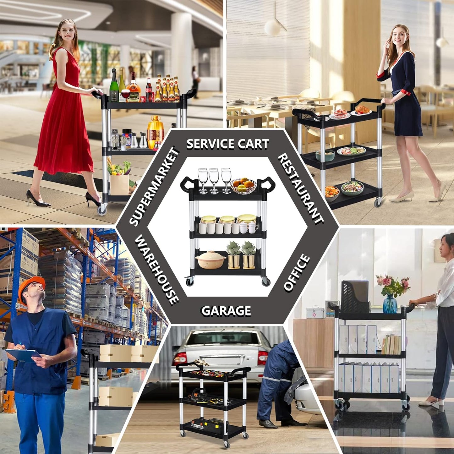 Plastic Utility Carts with Wheels, Heavy Duty 510lbs Capacity Rolling Service Cart, 3-Tier Restaurant Food Cart with Hammer for Office, Warehouse, Garage (Lockable Wheels, Black)