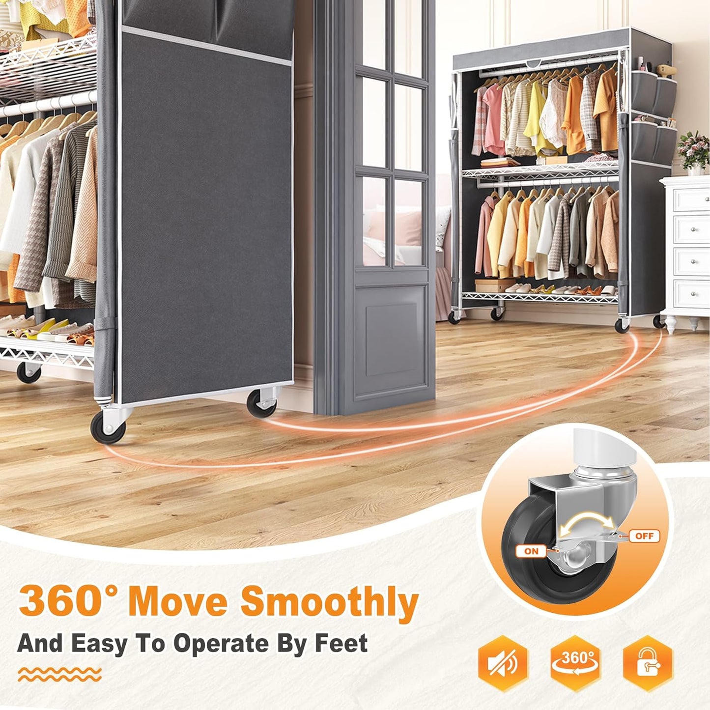 Raybee Heavy Duty Clothes Rack with Cover, 81" H Clothing Racks for Hanging Clothes, Portable with Wheels and Adjustable Feet, Max Load 440LBS, White