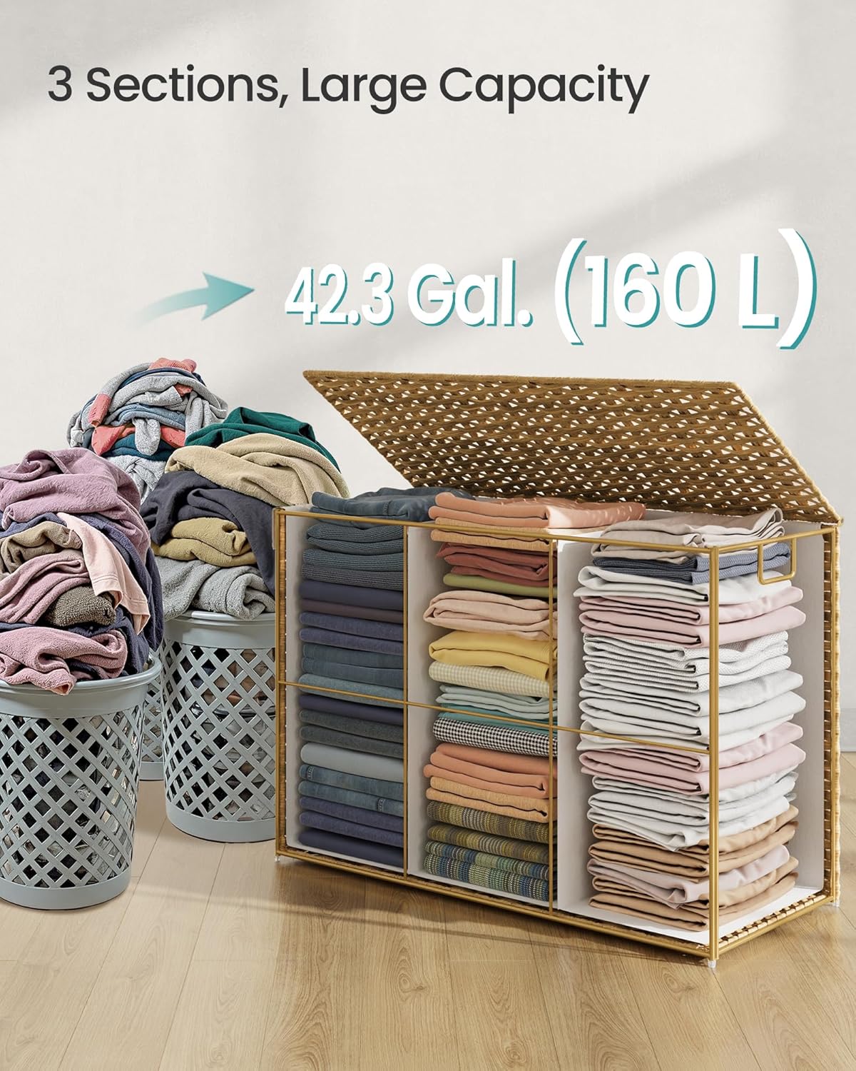 SONGMICS Laundry Hamper with Lid, 160 L Clothes Hamper with 2 Removable Liner Bags, 6 Mesh Bags, Wicker Laundry Basket, Double Laundry Hamper for Bathroom, 26 x 15.7 x 24 Inches, Natural ULCB316Y01