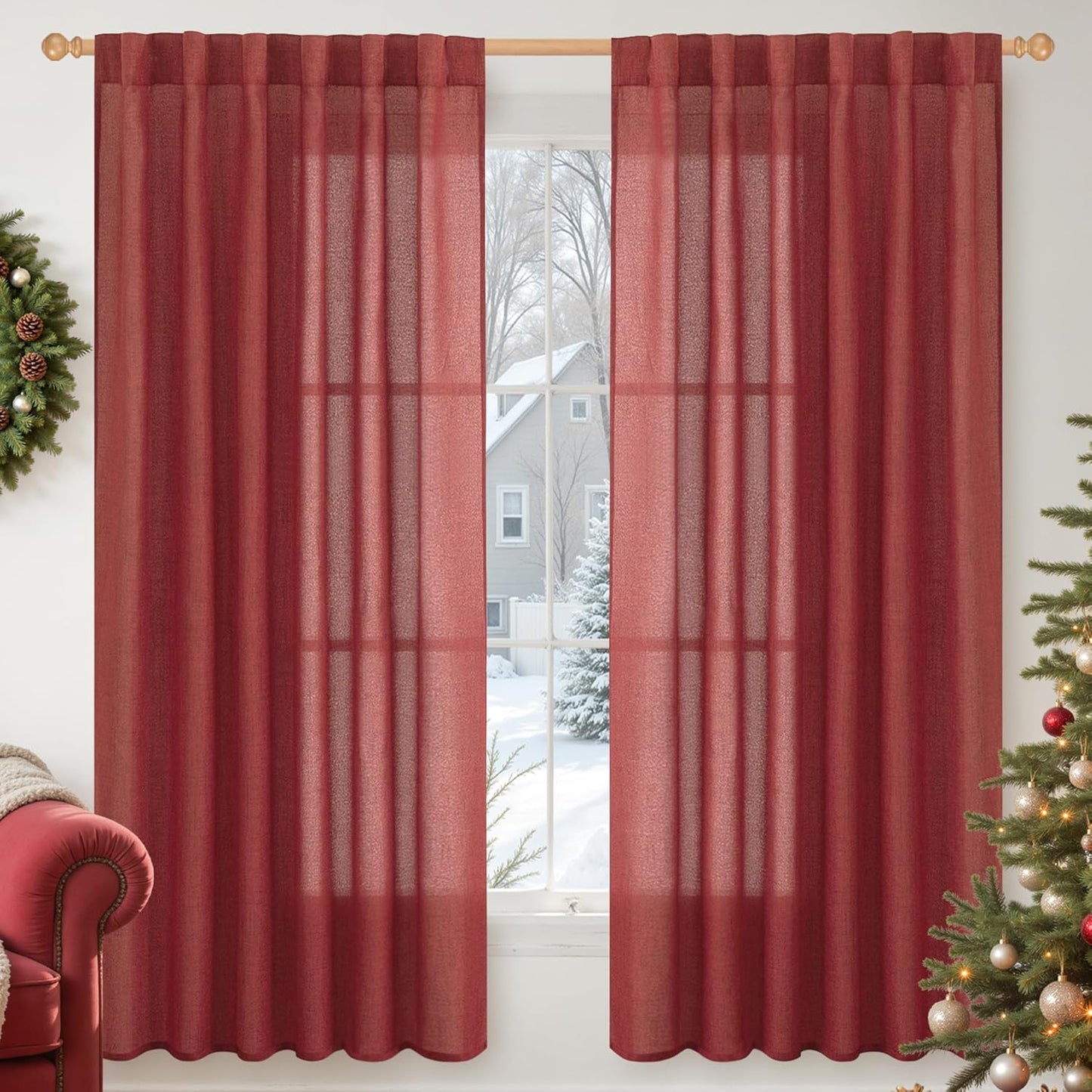 YoungsTex Red Linen Curtains 63 Inch Length 2 Panels for Living Room - Christmas Semi Sheer Window Drapes with Back Tab Rod Pocket Light Filtering for Bedroom, 52 X 63 Inch
