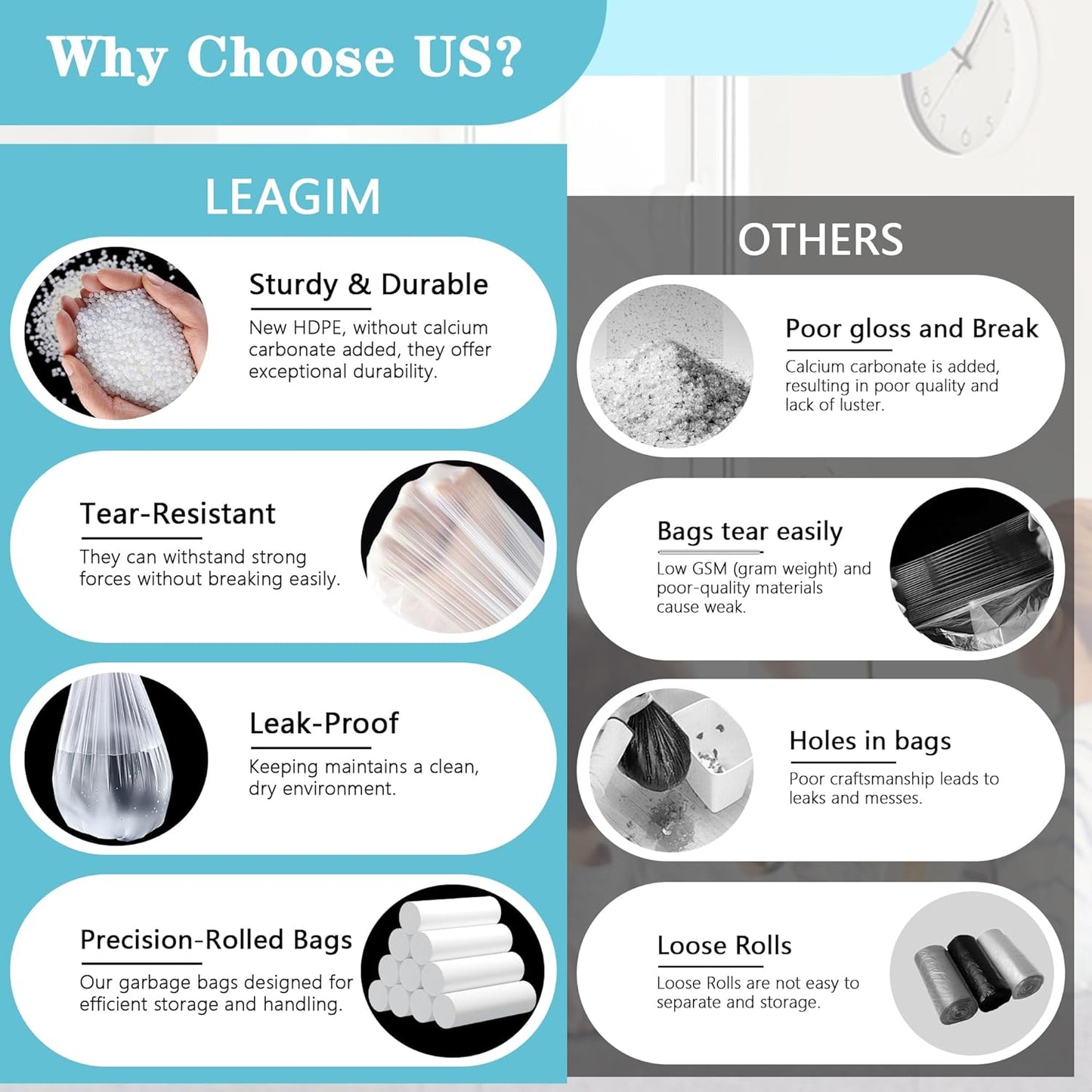 300 Count 8 Gallon Trash Bags, 13 Micron Extra Thick Medium Garbage Bags, 7-9 Gallon Unscented White Wastebasket Can Liners for Bathroom Kitchen Home Office