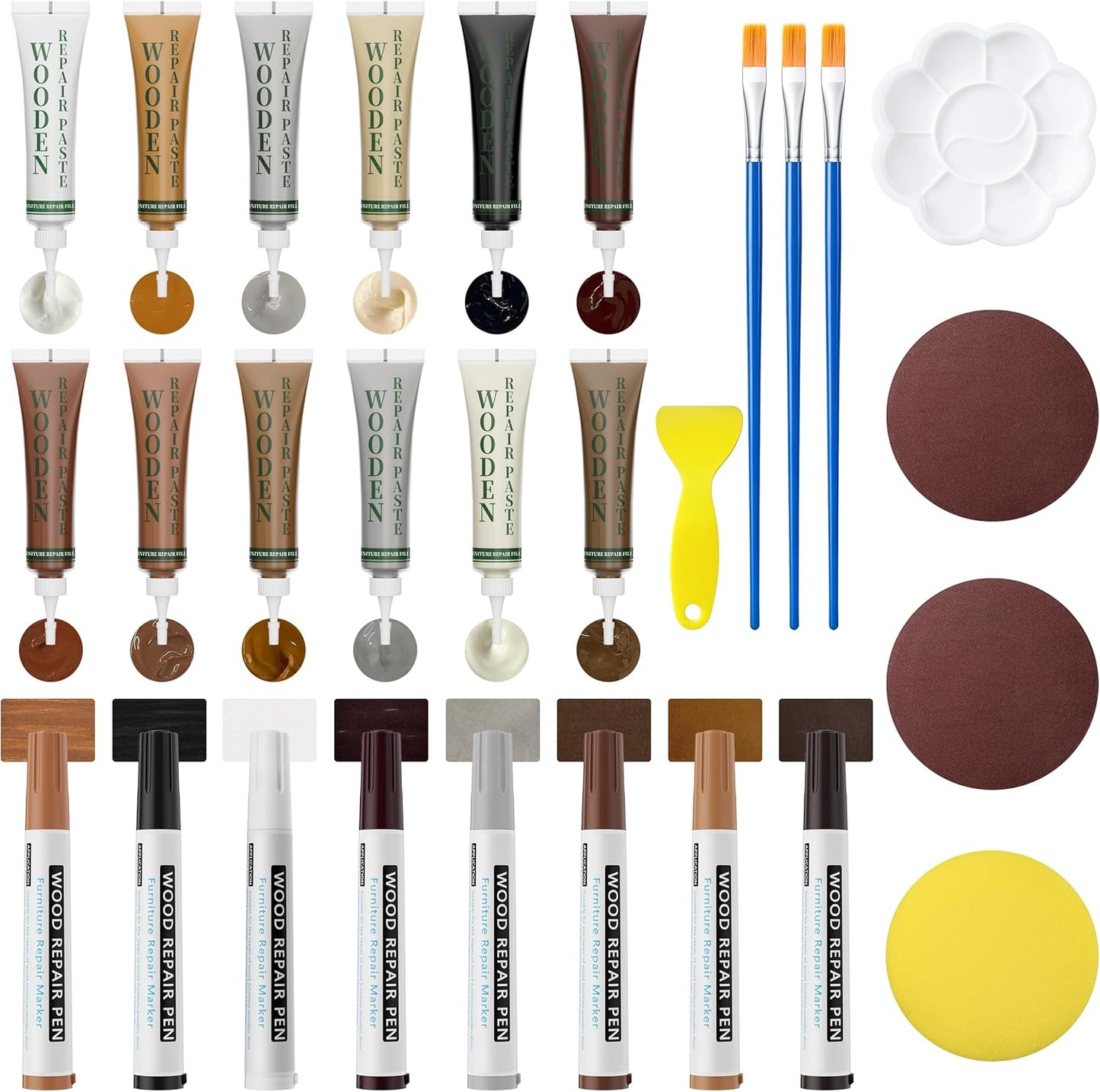 Wood Furniture Repair Kit: 12-Color Filler and 8-Color Markers - Wood Touch Up for Scratches/Cracks/Holes/Stains in Floors/Table/Cabinets(Hardwood/Laminate)