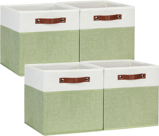 DULLEMELO Fabric Storage Cubes, 12x12 Storage Cube Bins for Organizing, Foldable Storage Baskets Square Cloth Bins for Cube Storage, Cube Organizer for Storage,White&Green