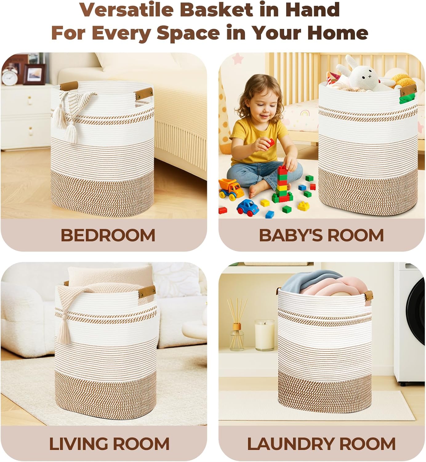 Laundry Basket with Handles - Blanket Basket & Hampers for Bedroom Aesthetic, Laundry Hamper & Blanket Storage for Living Room, Clothes Hamper, Tall, Large 17" x 14" x 22”, Brown & White