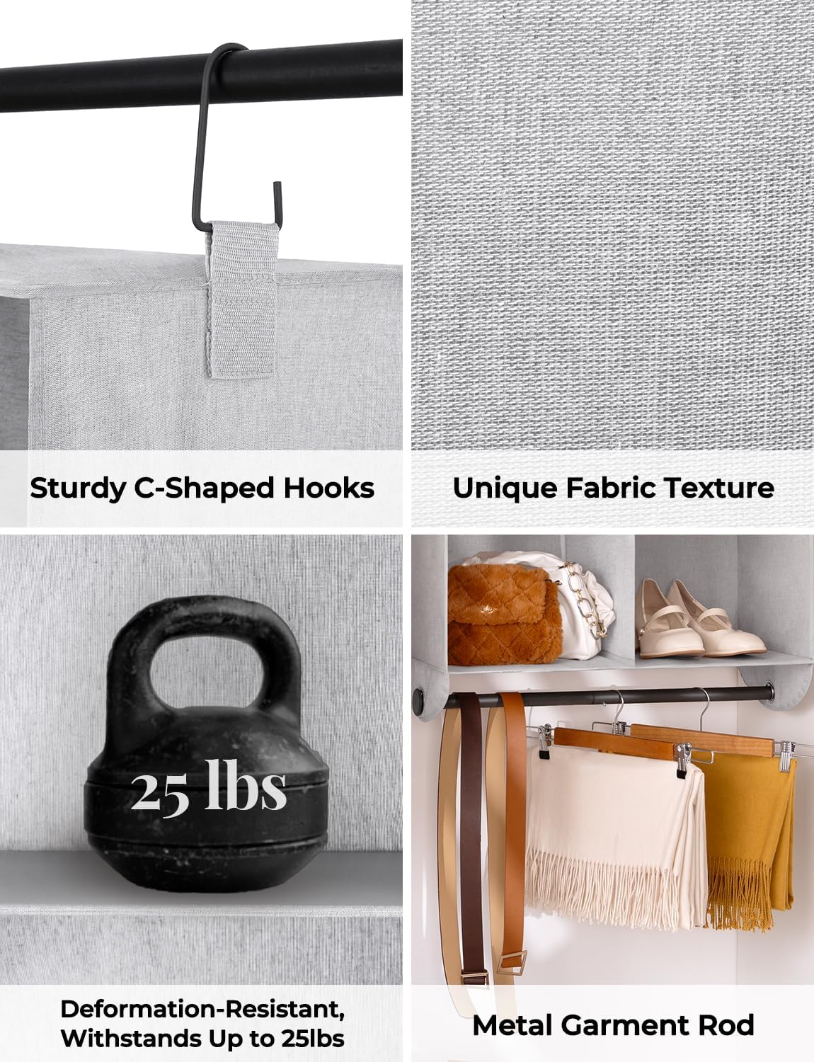 StorageWorks Hanging Closet Organizer with Metal Rod, 6-Section Closet Organizers and Storage, Collapsible Hanging Shelves for Closet, Bedroom, Kids Dorm Room, RV Camper, Grey and White